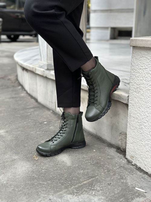 Haki Bağcıklı Deri Bot 