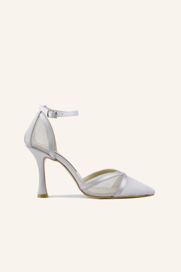 Gümüş Saten Romantik İnce Topuk Stiletto