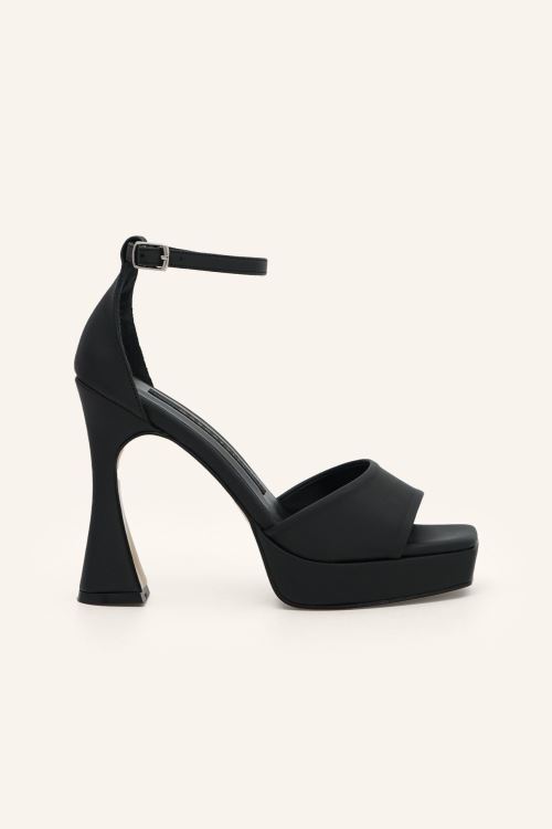 Siyah Saten Stefano Platform Topuklu Sandalet
