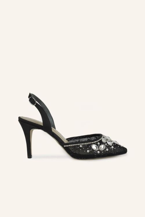 Siyah Saten Tiara Topuklu Ayakkabı