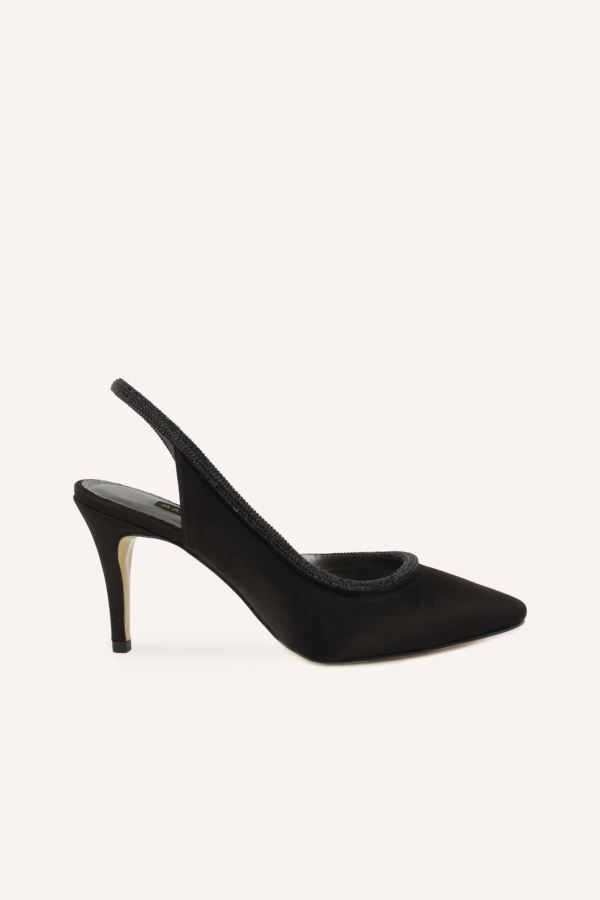 Siyah Saten Sling Topuklu Ayakkabı