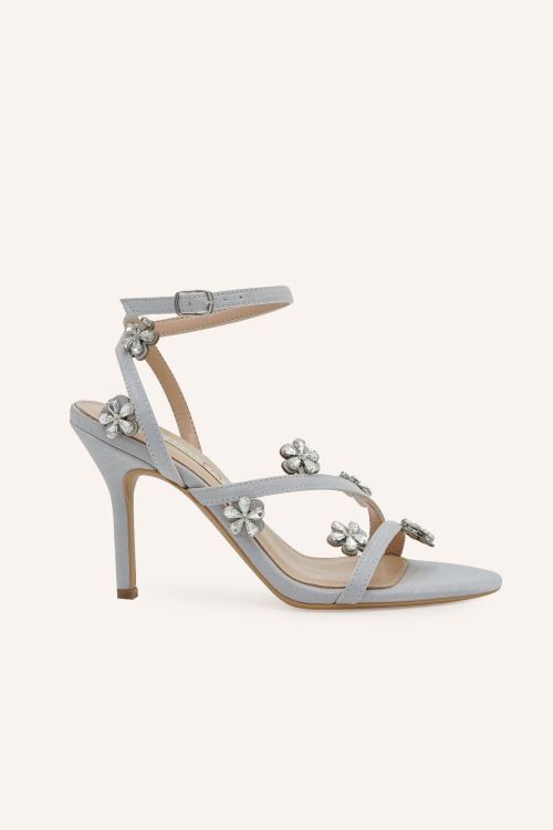 Gümüş Saten Bloom Mini Topuklu Sandalet