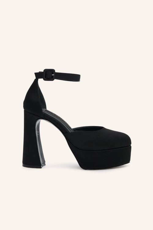 Siyah Saten Firuze Platform Ayakkabı