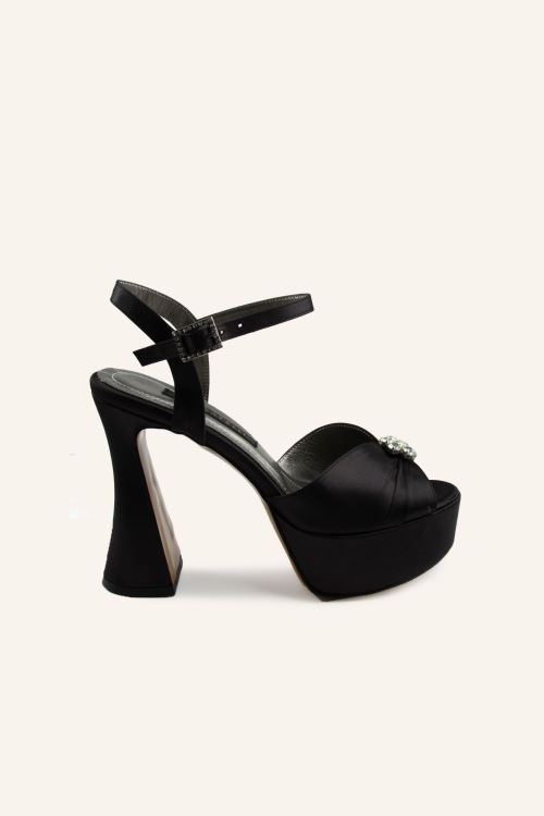 Siyah Saten Retro Platform Topuklu Ayakkabı