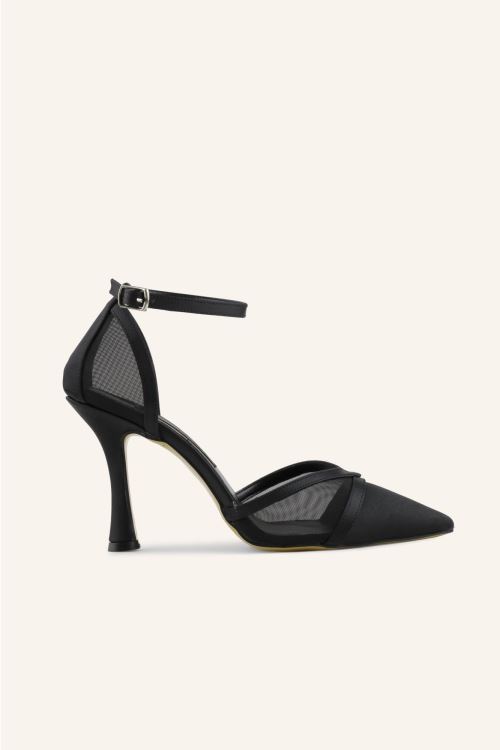 Siyah Saten Romantik İnce Topuk Stiletto