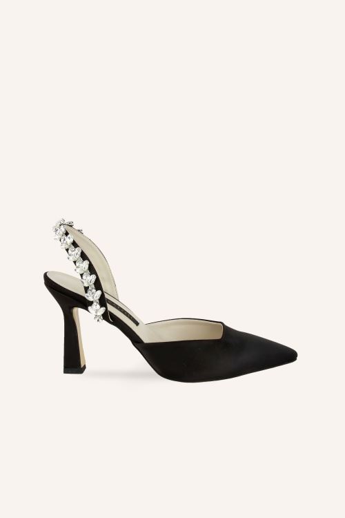 Siyah Saten Nova Kalın Topuklu Ayakkabı