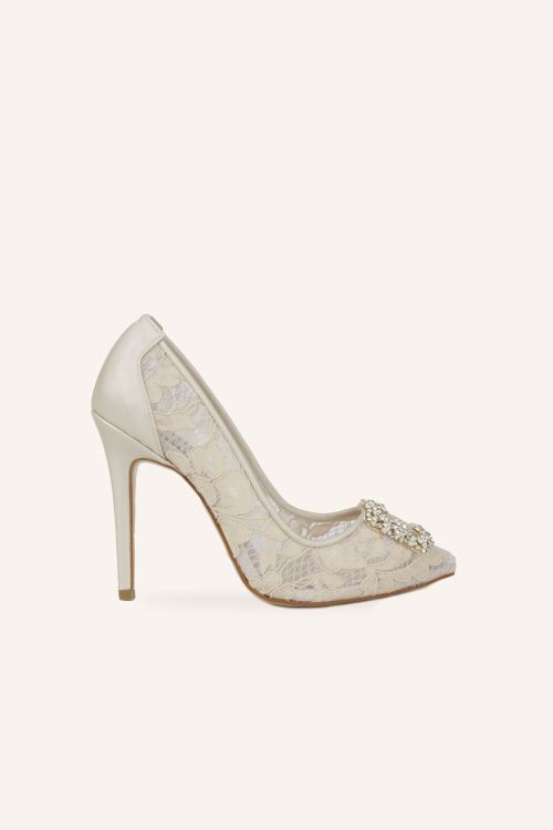 Pudra Dantel Tokalı Yüksek Topuklu Ayakkabı