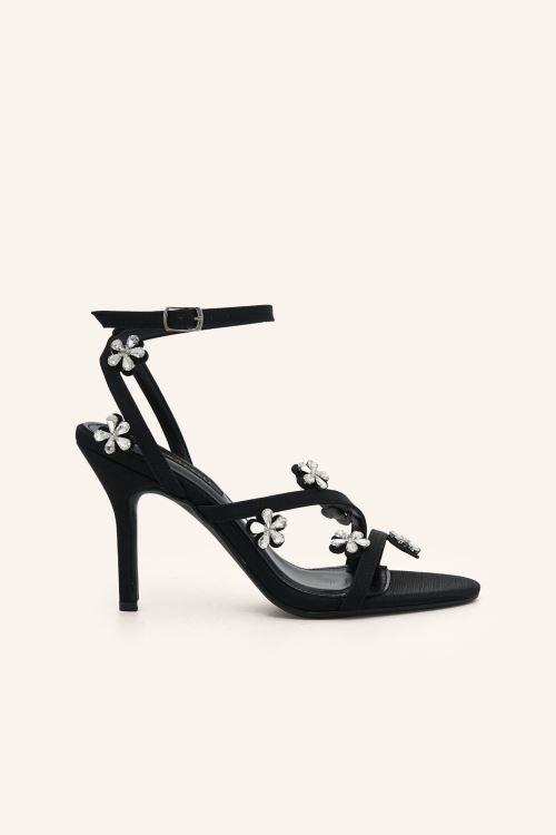 Siyah Saten Bloom Mini Topuklu Sandalet