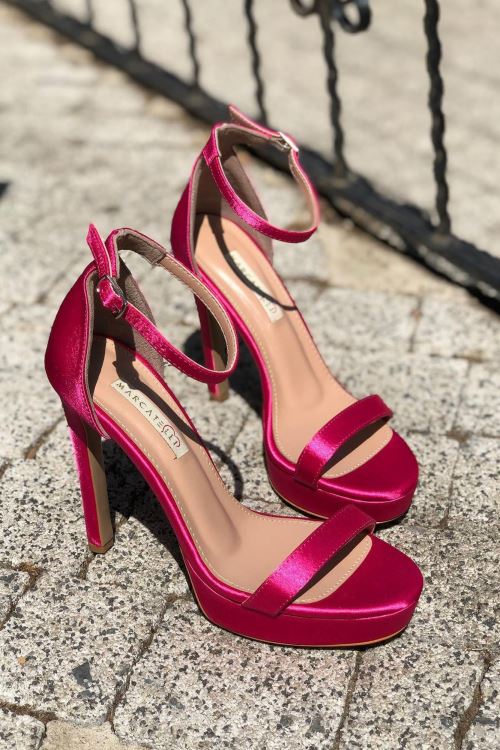Fuşya Saten İnce Bantlı Platform Topuklu Ayakkabı 