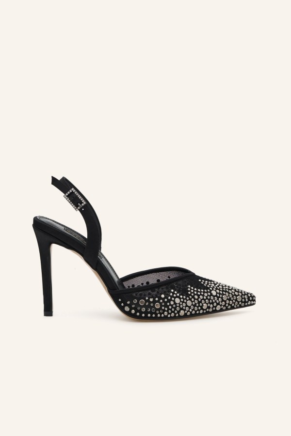 Siyah Saten Yona Topuklu Ayakkabı