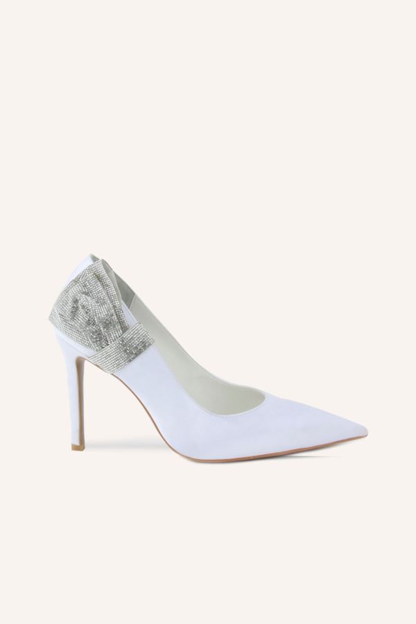Beyaz Saten Sandro Topuklu Gelin Ayakkabısı 