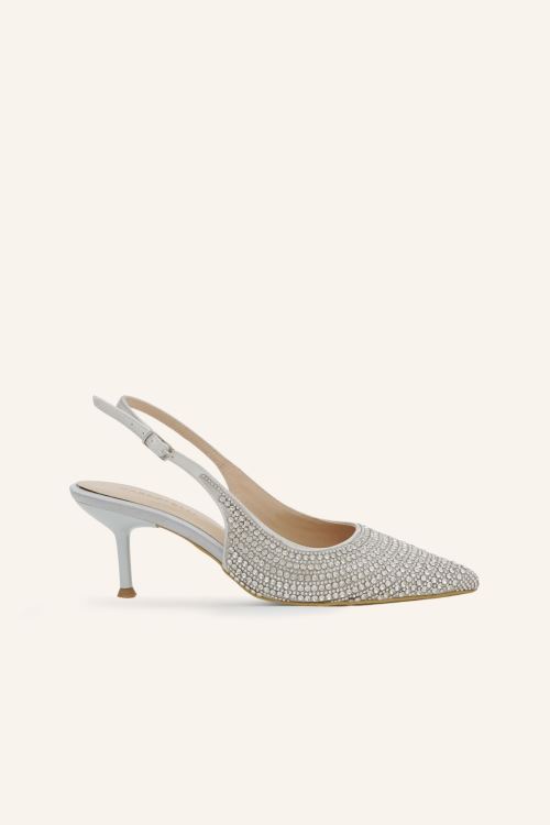 Gümüş Saten Taşlı Topuklu Ayakkabı 