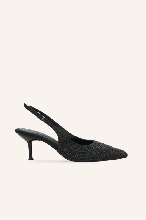 Siyah Saten Taşlı Topuklu Ayakkabı 