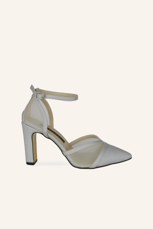 Gümüş Saten Romantik Kalın Topuk Stiletto