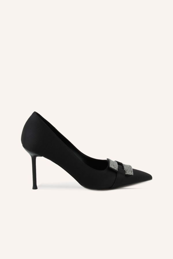 Siyah Saten Serge Stiletto Ayakkabı